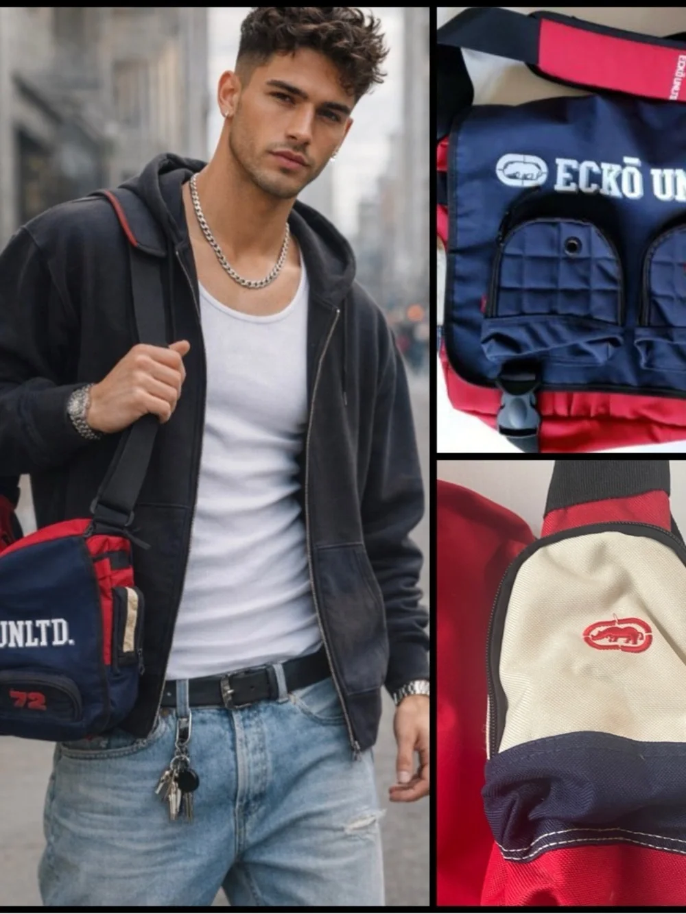 Vintage Ecko Unlimited Y2K Retro Red Navy Crossbody Streetwear Messenger Bag
